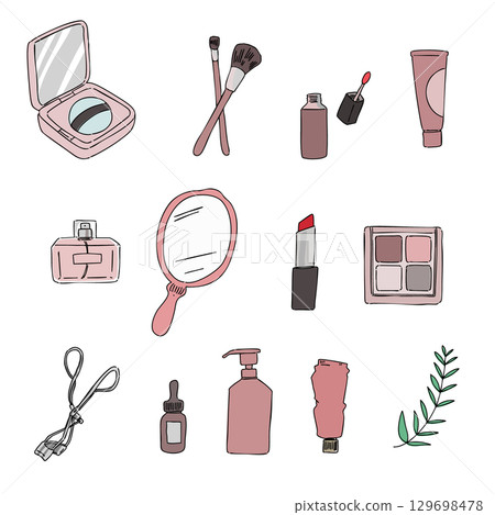 手寫圖標集化妝品、化妝品和護膚品 129698478