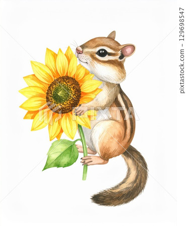 Watercolor Illustration of a Chipmunk Holding a Bright Yellow Sunflower on White 129698547