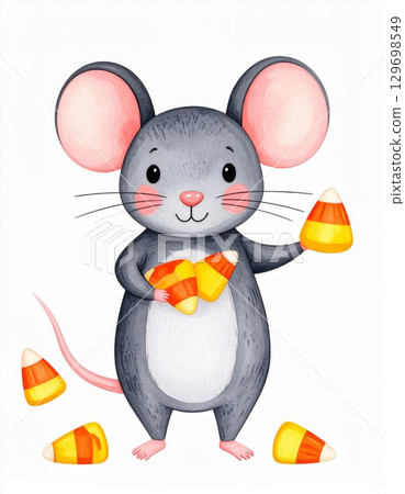 Cartoon Mouse Holding Candy Corn Treats on White Background Illustration 129698549