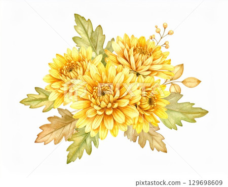 Watercolor Bouquet of Yellow Chrysanthemums with Green and Brown Leaves on White 129698609