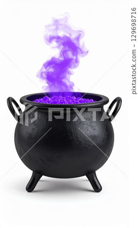 Classic Black Witch Cauldron with Purple Smoke Boiling Over White Backdrop Studio Shot 129698716