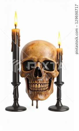 Skull with Dark Burning Candles on White Background in Studio Shot Still Life Skull with Dark Burning Candles on White Background in Studio Shot Still Life 129698717