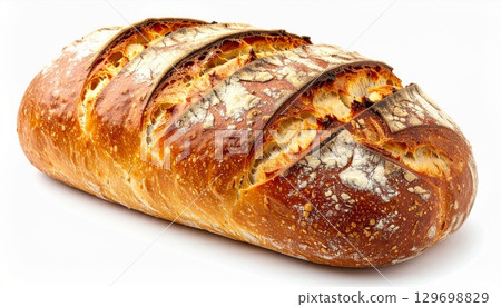 Artisanal Sourdough Bread Loaf with a Crispy Crust on a Clean White Background 129698829
