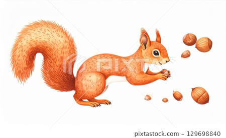 Delightful Squirrel with Bushy Tail Enjoying Nuts on a White Background 129698840