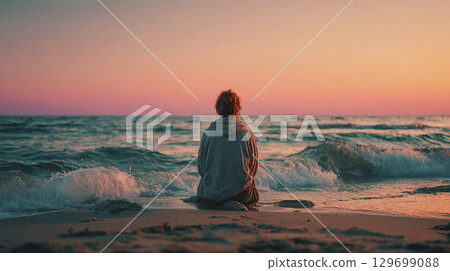坐在沙灘上的女人的背影 129699088