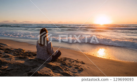Calm beach at sunset 129699093