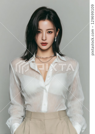 身穿白襯衫的模特兒肖像 身穿白襯衫的模特兒肖像 129699109