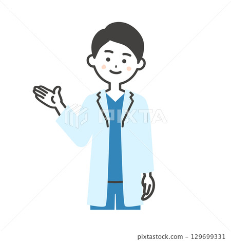 Illustration of a male doctor in a scrub and white coat looking in the direction he is pointing Illustration of a male doctor in a scrub and white coat looking in the direction he is pointing 129699331
