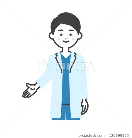 Illustration of a male doctor in a scrub and white coat pointing downwards 129699333