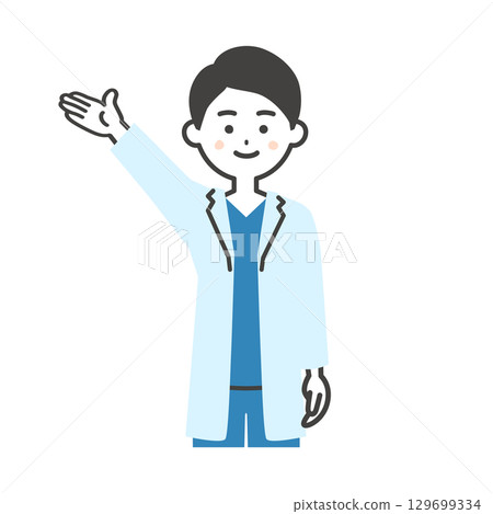 Illustration of a male doctor in a scrub and white coat pointing upwards 129699334