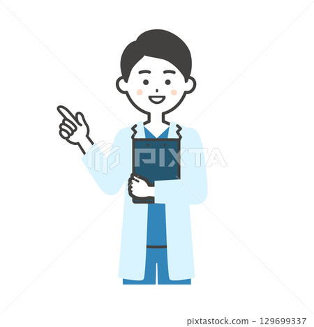 Illustration of a male doctor in a scrub and white coat holding a document and pointing 129699337