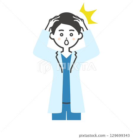 Illustration of a male doctor in a white coat and scrubs holding his head and surprised 129699343