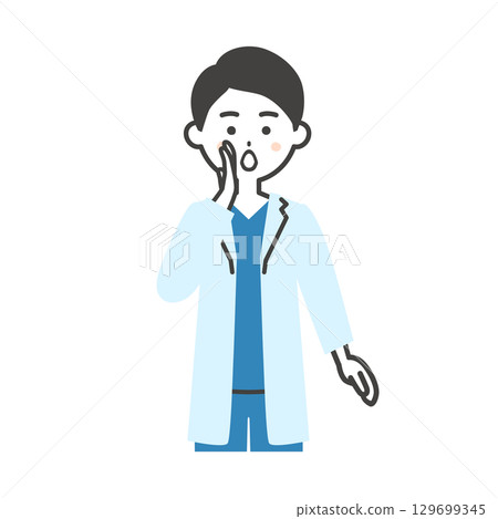 一位身穿白大褂和手術服的男醫生用一隻手摀住嘴巴打電話的插圖 一位身穿白大褂和手術服的男醫生用一隻手摀住嘴巴打電話的插圖 129699345