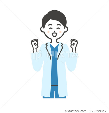 一位身穿手術服和白大褂的男醫生用雙手握拳的插圖 129699347