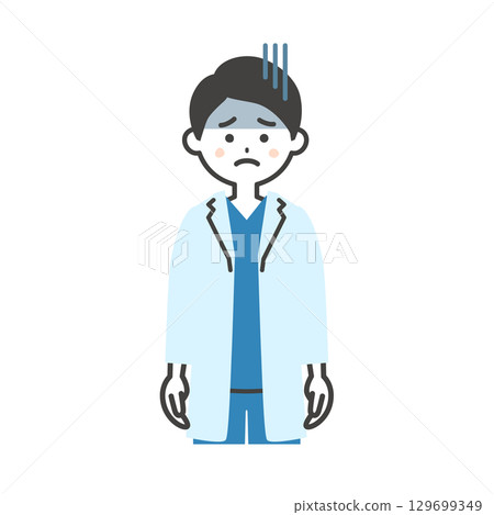 一位身穿手術服和白大褂、表情陰沉的男醫生的插圖 129699349