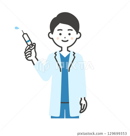 一位身穿手術服和白大褂的男醫生手持注射器的插圖 一位身穿手術服和白大褂的男醫生手持注射器的插圖 129699353