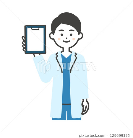 Illustration of a male doctor in a scrub and white coat holding a binder 129699355