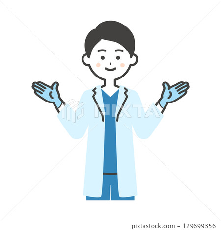 Illustration of a male doctor wearing a scrub and white coat wearing rubber gloves 129699356