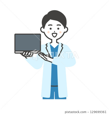 Illustration of a male doctor in a scrub and white coat pointing at a laptop 129699361