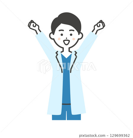 一位身穿白大褂和手術服的男醫生正在伸展身體的插圖 129699362
