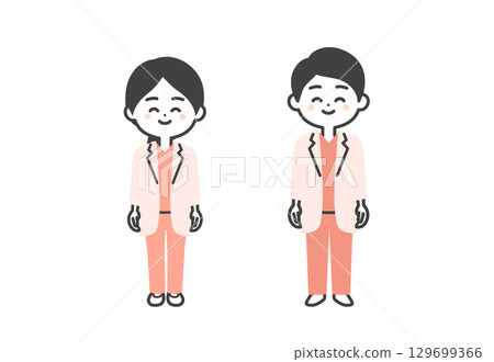 Illustration of a three-headed male and female doctor wearing a scrub and white coat Illustration of a three-headed male and female doctor wearing a scrub and white coat 129699366
