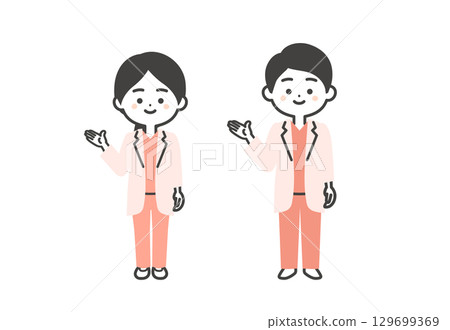 一位身穿手術服和白大褂的立體男女醫生用手指著 129699369