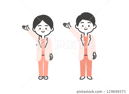 一位身穿手術服和白大褂的男醫生和女醫生朝上的三維插圖 129699371