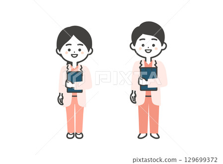 穿著手術服和白大褂、手持文件的三維男女醫生插圖 穿著手術服和白大褂、手持文件的三維男女醫生插圖 129699372