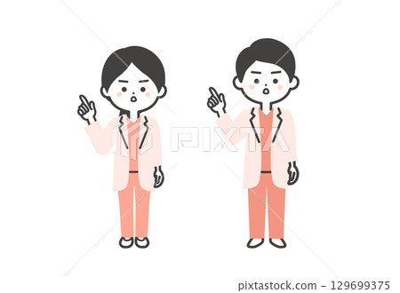 圖：一位身穿手術服和白大褂的立體男女醫生站在那裡，表情嚴肅 129699375