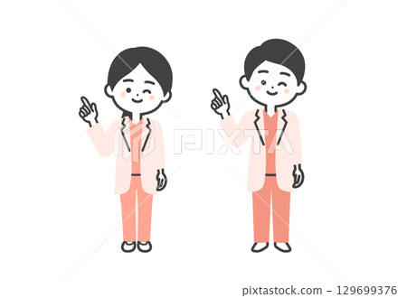 一位身穿手術服和白大褂的男醫生和女醫生眨眼並向上指的三維插圖 129699376