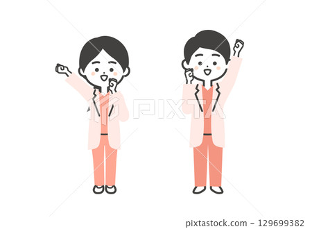 圖：一位身穿手術服和白大褂的三頭男醫生和一位女醫生用雙手握拳 129699382