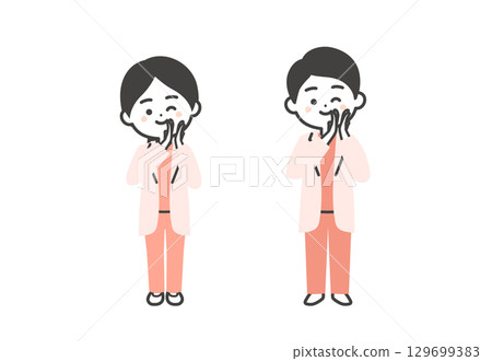 一位身穿手術服和白大褂的男醫生和女醫生一邊鼓掌一邊眨眼的三維插圖 一位身穿手術服和白大褂的男醫生和女醫生一邊鼓掌一邊眨眼的三維插圖 129699383