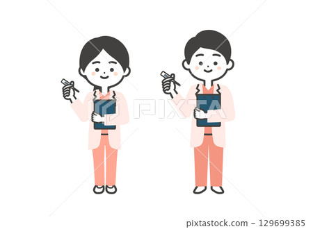 Illustration of a three-headed male and female doctor in a scrub and white coat holding a thermometer 129699385