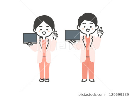 Illustration of a three-dimensional male and female doctor in a scrub and white coat holding a laptop with a finger up 129699389