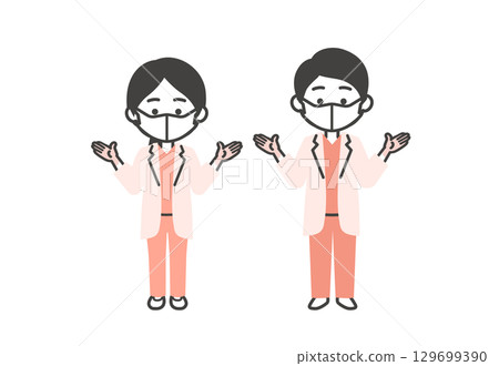 一位男醫生和一位女醫生穿著手術服和白大褂，戴著橡膠手套和口罩的三維插圖 129699390