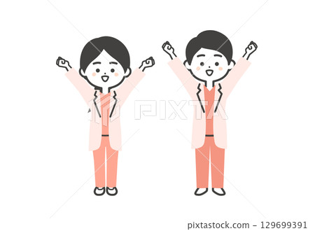 身穿白大褂和擦洗伸展運動的三維男女醫生插圖 身穿白大褂和擦洗伸展運動的三維男女醫生插圖 129699391