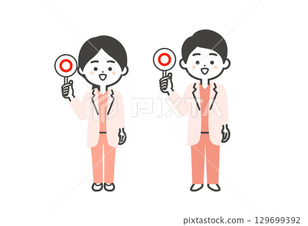 A three-dimensional illustration of a male and female doctor wearing a scrub and white coat holding a correct answer card A three-dimensional illustration of a male and female doctor wearing a scrub and white coat holding a correct answer card 129699392
