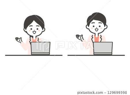A three-dimensional illustration of a male and female doctor wearing a scrub and white coat using a laptop at a desk 129699398