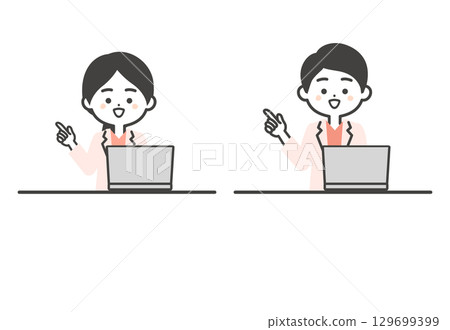 A three-dimensional illustration of a male and female doctor wearing a scrub and white coat using a laptop at a desk A three-dimensional illustration of a male and female doctor wearing a scrub and white coat using a laptop at a desk 129699399