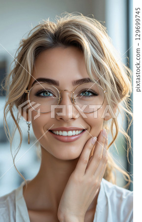 White female leader with vintage curls and translucent glasses, a subtle smile as she gazes at projected brand equity values White female leader with vintage curls and translucent glasses, a subtle smile as she gazes at projected brand equity values 129699745
