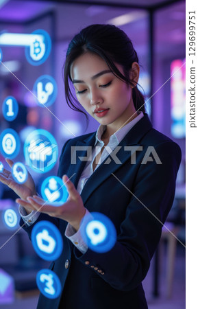 Asian Female Fintech Innovator Asian woman, 20s, modern blazer, interacting with digital currency icons, purple blue tones. 129699751