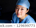 Female surgeon in blue surgical gown and cap 129699773