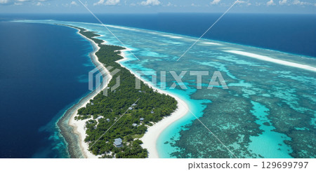 Tropical Paradise Aerial Crystal clear turquoise waters reveal intricate coral reef patterns below the surface, with white sand channels creating 129699797