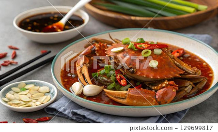 A vibrant picture of a braised crab is shown with delicious garnish served  gejang 129699817