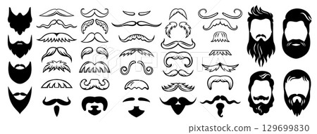 Beard and mustache set. Hipster barber icons with male face hair styles, black vintage retro signs for facial hair grooming design. Vector beards and mustaches collection Beard and mustache set. Hipster barber icons with male face hair styles, black vintage retro signs for facial hair grooming design. Vector beards and mustaches collection 129699830