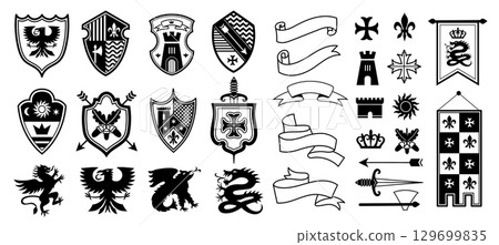 Coat of arms emblem set. Heraldic shield with crown ribbon and weapons, knight imperial royal badge logo design elements. Vector royal insignia collection Coat of arms emblem set. Heraldic shield with crown ribbon and weapons, knight imperial royal badge logo design elements. Vector royal insignia collection 129699835