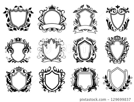 Empty heraldic shields. Monochrome medieval knight badge icons, vintage crest emblem silhouettes, protection safety symbol. Vector heraldic isolated set 129699837