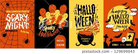 Halloween party poster. Cartoon scary flyer, spooky background for invitation card, horror night celebration with pumpkins bats and moon. Vector Halloween posters set 129699843