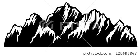Mountain range silhouette. Black rocky peaks panoramic view, monochrome mountain ridge climbing outdoor activity concept. Vector mountains illustration Mountain range silhouette. Black rocky peaks panoramic view, monochrome mountain ridge climbing outdoor activity concept. Vector mountains illustration 129699868