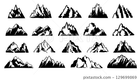 Mountain silhouette. Black mountain icons, hill range peak snow rock landscape for logo design, flat cartoon nature hiking elements. Vector mountains isolated set 129699869
